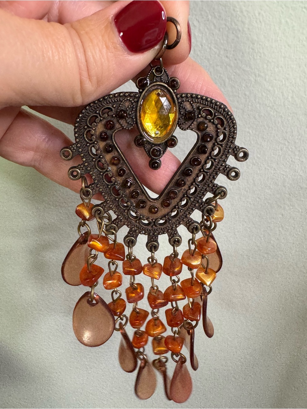 Vintage Amber and Bronze Heart Fringe Necklace Pendant